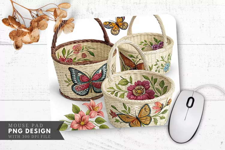 Butterfly And Floral Handwoven Baskets Mouse Pad PNG