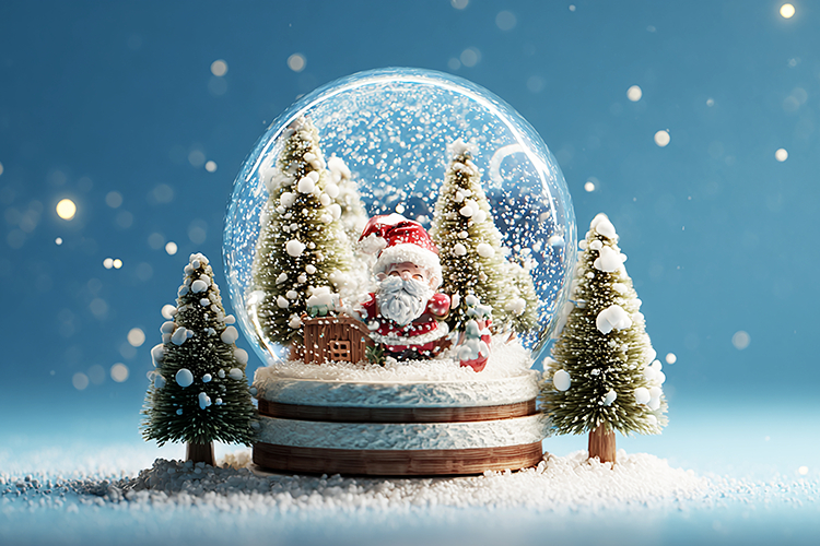 A festive snow globe Santa Claus inside snowy winter day