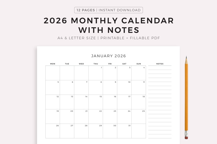 2026 Monthly Calendar with Notes, Landscape, Printable