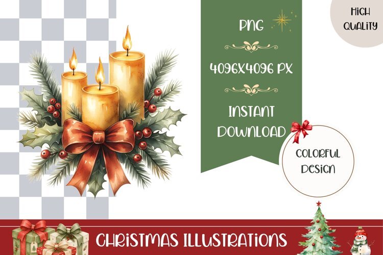 Cartoon Christmas Candles Illustration, Gold Christmas PNG example image 1