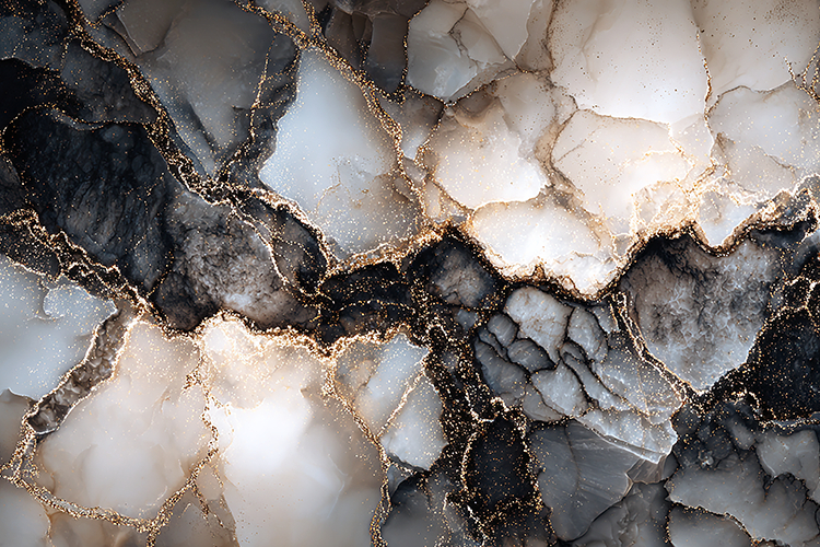 A marble surface with gold veins & black and white patterns