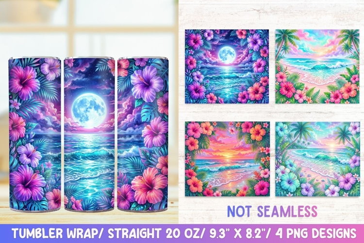 Floral Beach 20 OZ Skinny Tumbler Wrap Sublimation Png.