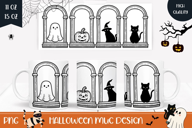 Halloween Pumpkin Mug Wrap, Halloween Cat Mug Design