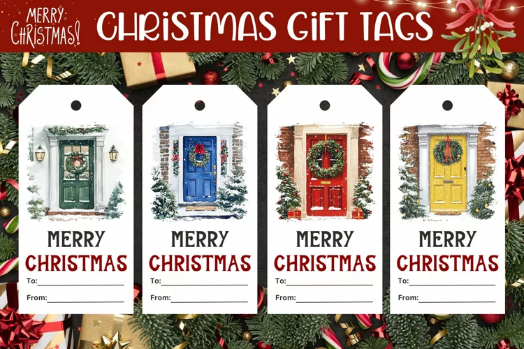 Watercolor Christmas Door Gift Tags, Winter Gift Tag Designs