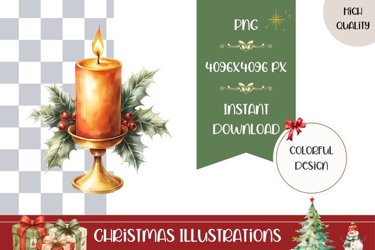 Cartoon Christmas Candle Illustration, Gold Christmas PNG example image 1
