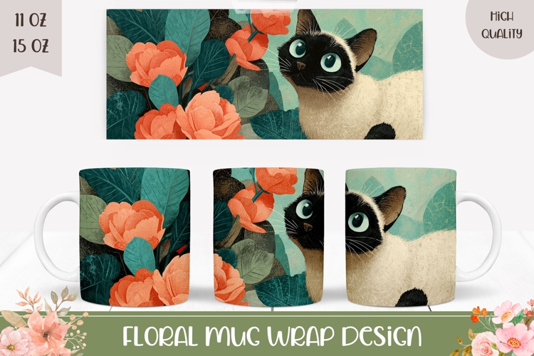 Siamese Cat Mug Design, Cartoon Flowers Mug Template