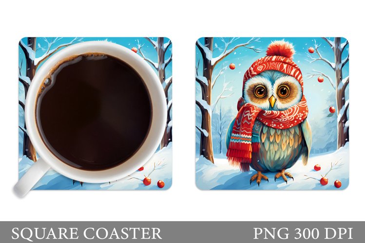 Winter Owl Coaster Sublimation. Cute Owl Square Coaster