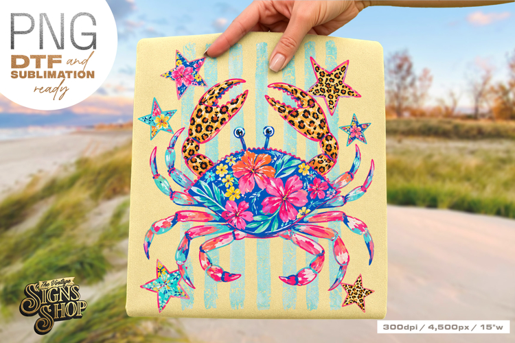 Patriotic Crab PNG, Floral Coastal Summer Shirt Design