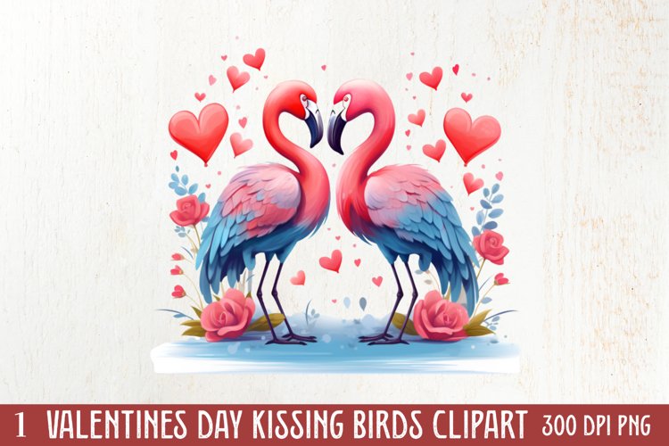 Valentine Kissing Birds Clipart, Valentine Couplet example image 1