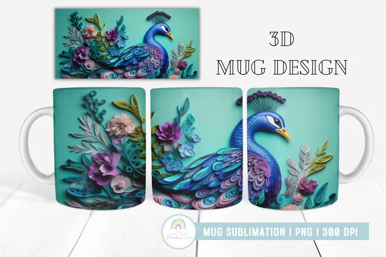 3D Peacock Mug Sublimation I 3D Mug Wrap