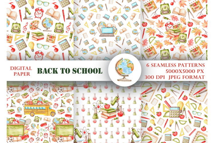Back to school watercolor seamless patterns, digital paper.