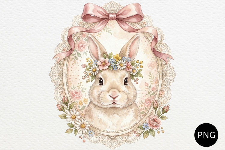 Floral Vintage Easter Bunny in Lace Frame Cottagecore PNG