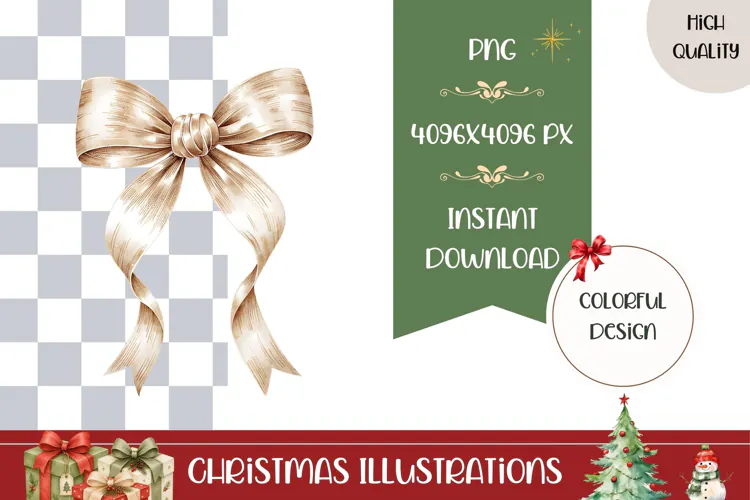Boho Christmas Bow Illustration, Gold Christmas PNG