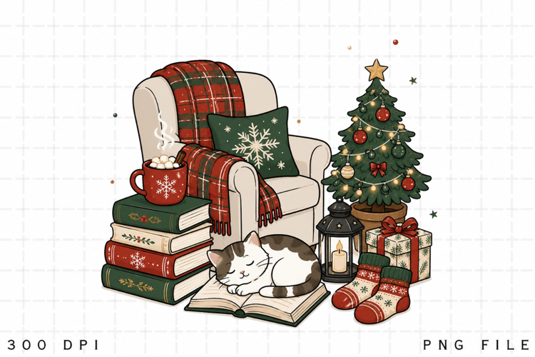 Cozy Christmas Cat PNG Clipart, Sleeping Cat on Book
