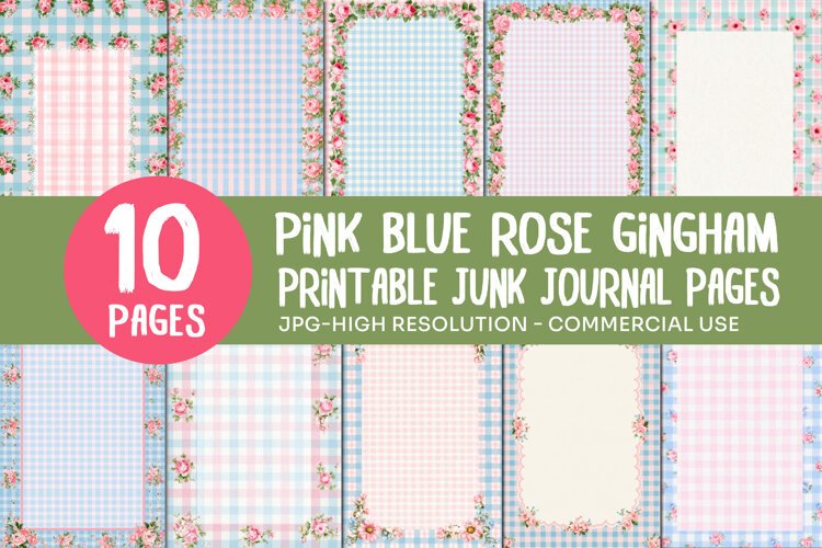 Pink Blue Floral Gingham Junk Journal Pages example image 1