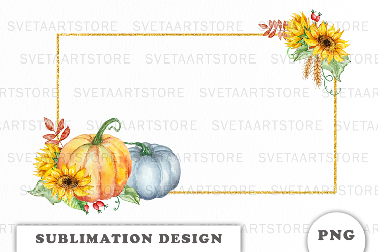 Watercolor Autumn Pumpkins Gold Frame png