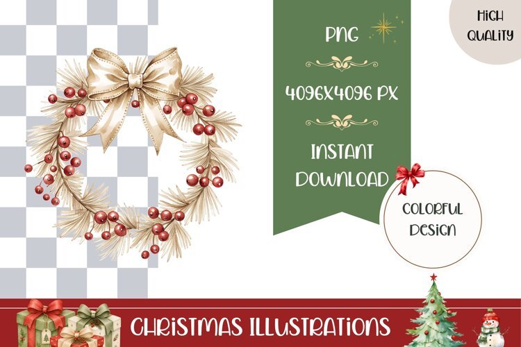 Boho Christmas Wreath Illustration, Gold Christmas Bow PNG example image 1
