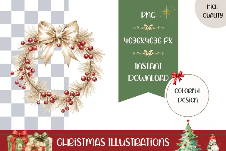 Boho Christmas Wreath Illustration, Gold Christmas Bow PNG
