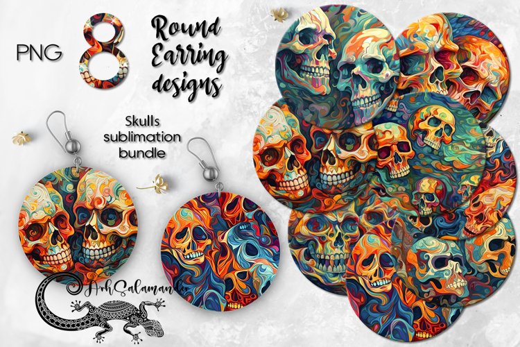 Halloween Skulls | Sublimation round earring design bundle example image 1