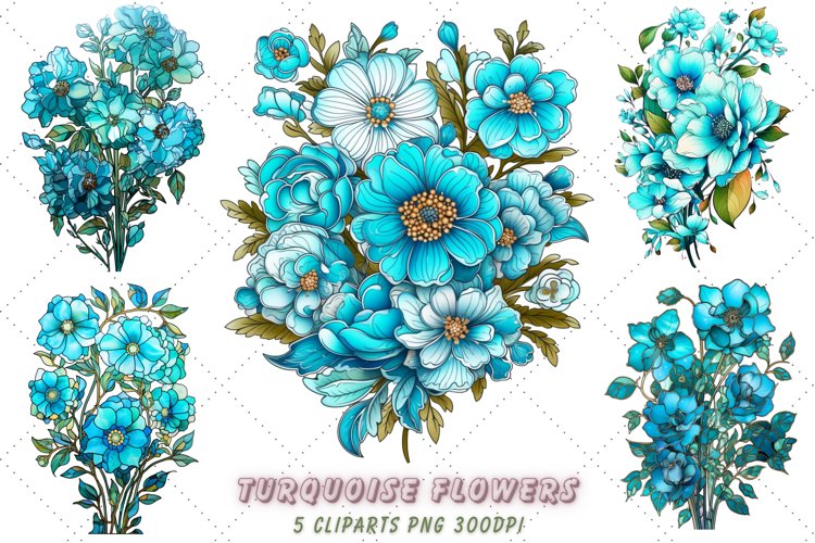 Turquoise flowers sublimation Clipart Bundle | clipart set example image 1