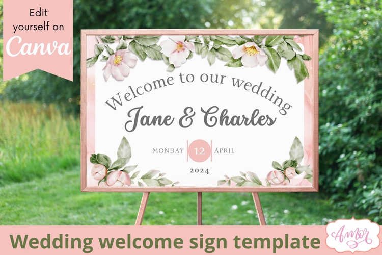 Pink Flowers Wedding Welcome Sign Template editable in Canva