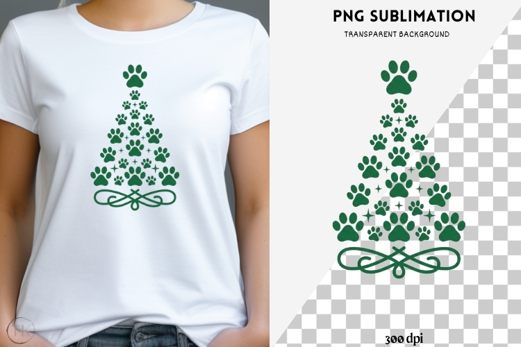 Paw print Christmas tree png design for T-shirts