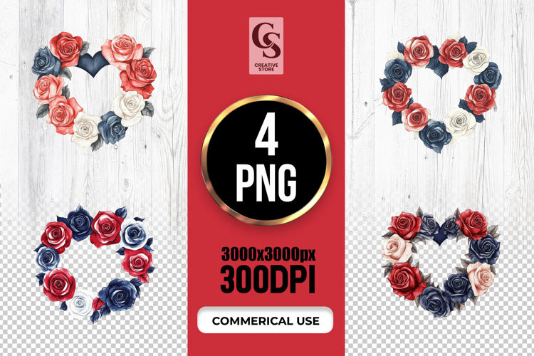 Patriotic Rose Heart Watercolor Clipart PNG