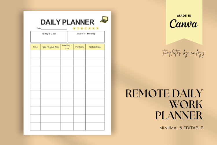 Remote Daily Work Planner Editable Canva Template for Remote