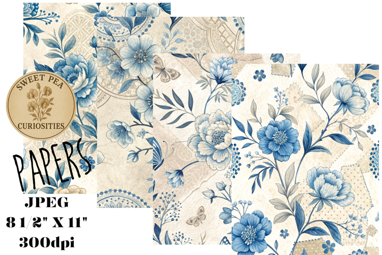 Shabby Chic, Blue, flowers, Papers, Junk Journal