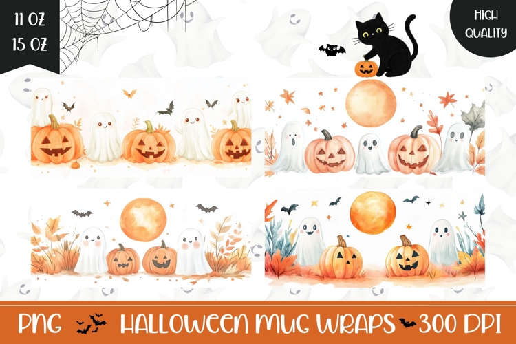 Watercolor Halloween Ghosts Mug Designs, Halloween Mug PNG