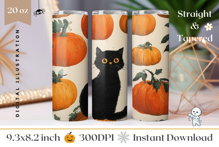 Cartoon Black Cat Tumbler Design, Halloween Pumpkins PNG