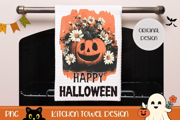 Happy Halloween Towel, Floral Halloween Pumpkins Towel