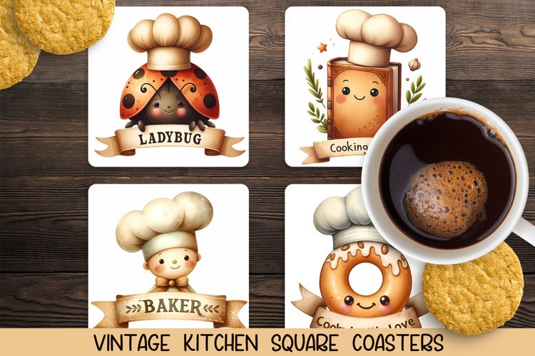 Vintage square coaster for kitchen. Sublimation PNG. example image 1