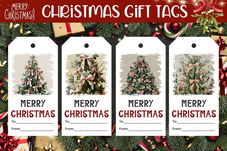 Boho Christmas Tree Gift Tags, Pink Christmas Bows Tags