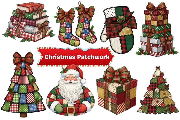 Christmas Patchwork Clipart Cozy Festive Holiday Digital PNG