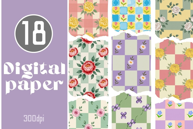 Floral Gingham Check Digital Papers