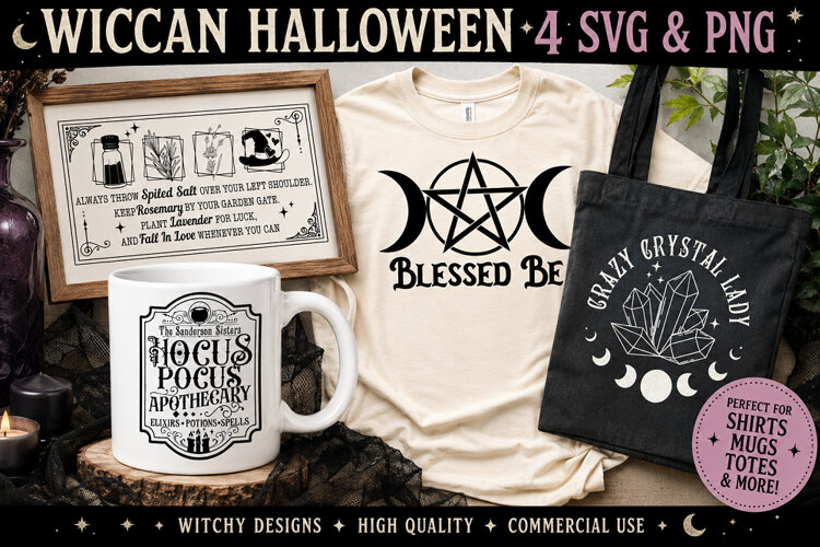 Wiccan Halloween SVG PNG, Witchy Moon Crystal Magic example image 1