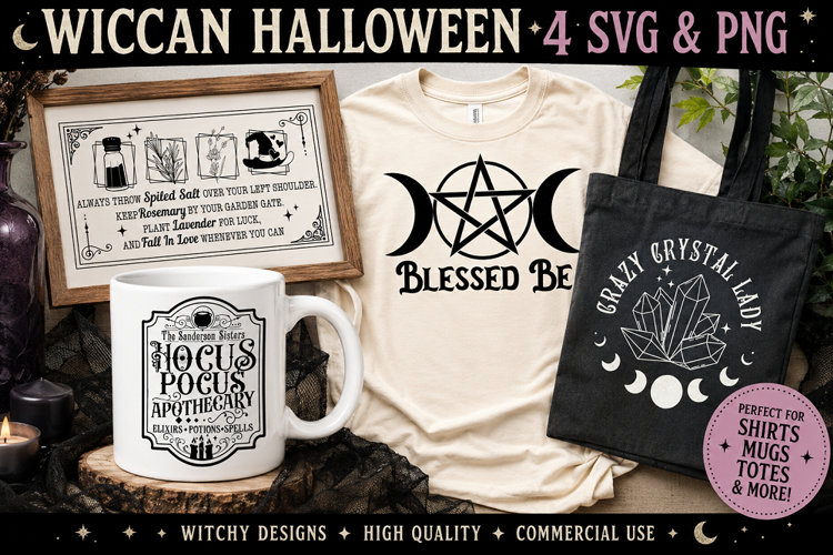 Wiccan Halloween SVG PNG, Witchy Moon Crystal Magic