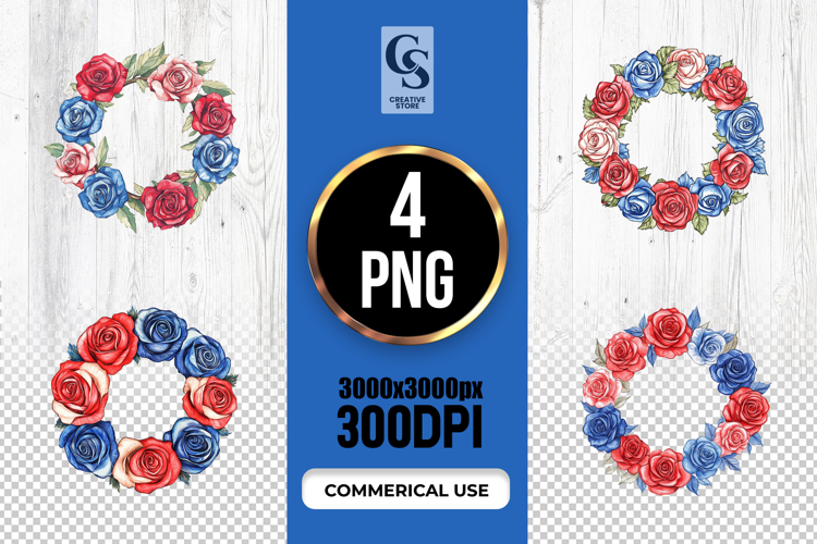 Patriotic Rose Wreath Watercolor Floral Clipart PNG