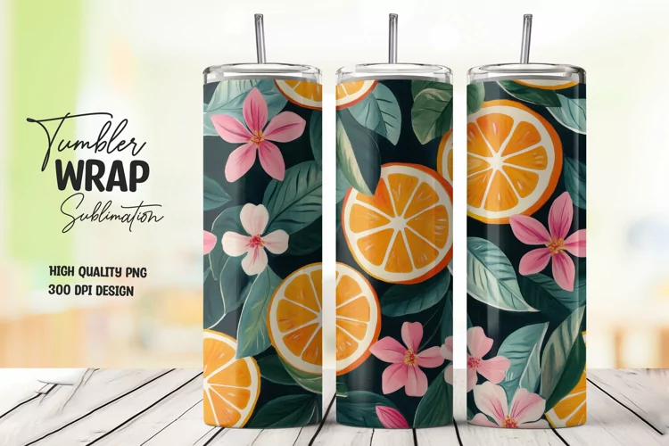 Orange with Leaves and Flowers Tumbler Wrap Sublimation