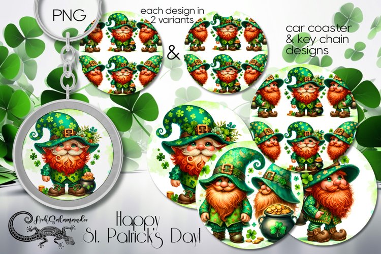 St. Patrick's day gnomes | 4 car coaster & key chain designs example image 1