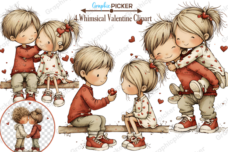 Whimsical Valentine Couple Clipart, Valentines Day PNG