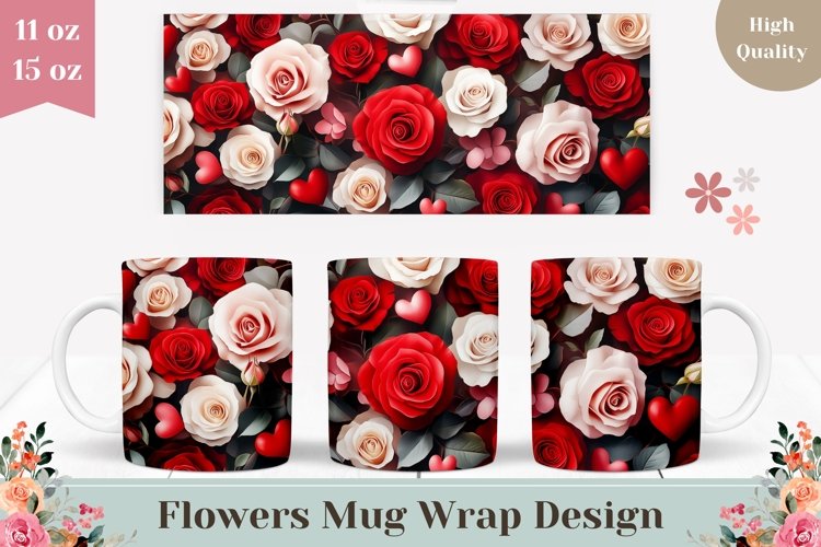 White Roses Mug Design, Flowers Mug Sublimation Design