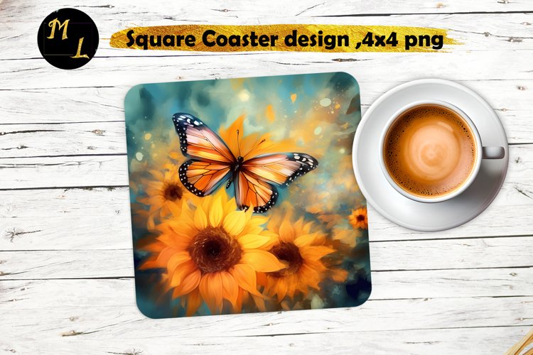 Butterflies Coaster design,Sunflowers Square Coaster png