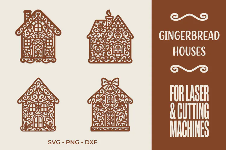 Gingerbread Houses SVG, Christmas Laser Cut Ornament Files