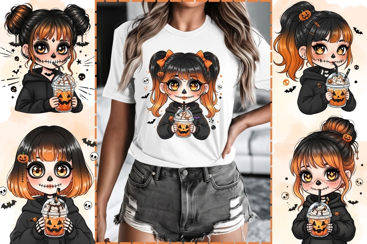 Kawaii Chibi Girl Halloween Clipart Tshirt Design
