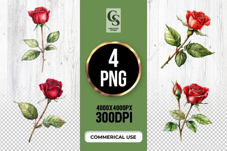 Red Rose Flower Clipart Sublimation PNG example image 1