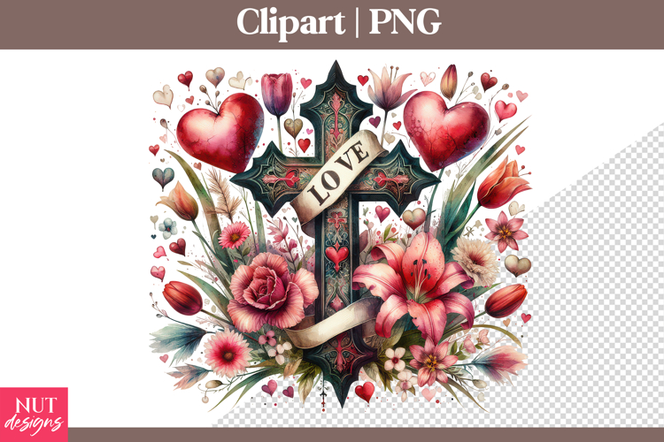 Christian clipart Heart Cross Floral Sublimation PNG