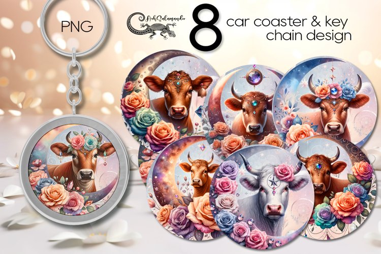 Cow, moon & flowers | 8 Sublimation car coaster & key chain