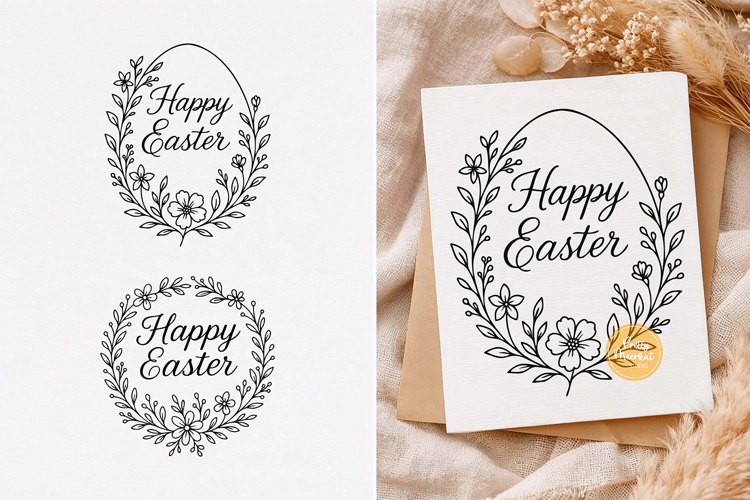 Happy Easter svg, Floral Wreath, Easter svg, Line Art